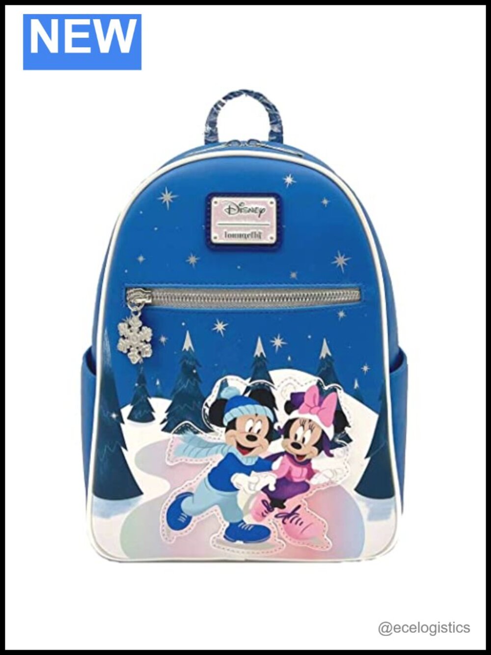 Mickey & Minnie Mouse Winter Skating Scene Vegan Leather Double Strap Shoulder
